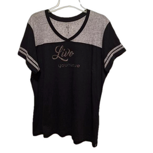 Younique Womens Embellished T Shirt Size 4XL Black Spellout Logo V Neck Pullover